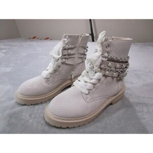 Sugar Kade Boots Womens‎ Size 10 Ivory Embossed Pearl Chain Combat Zip SGR-KADE